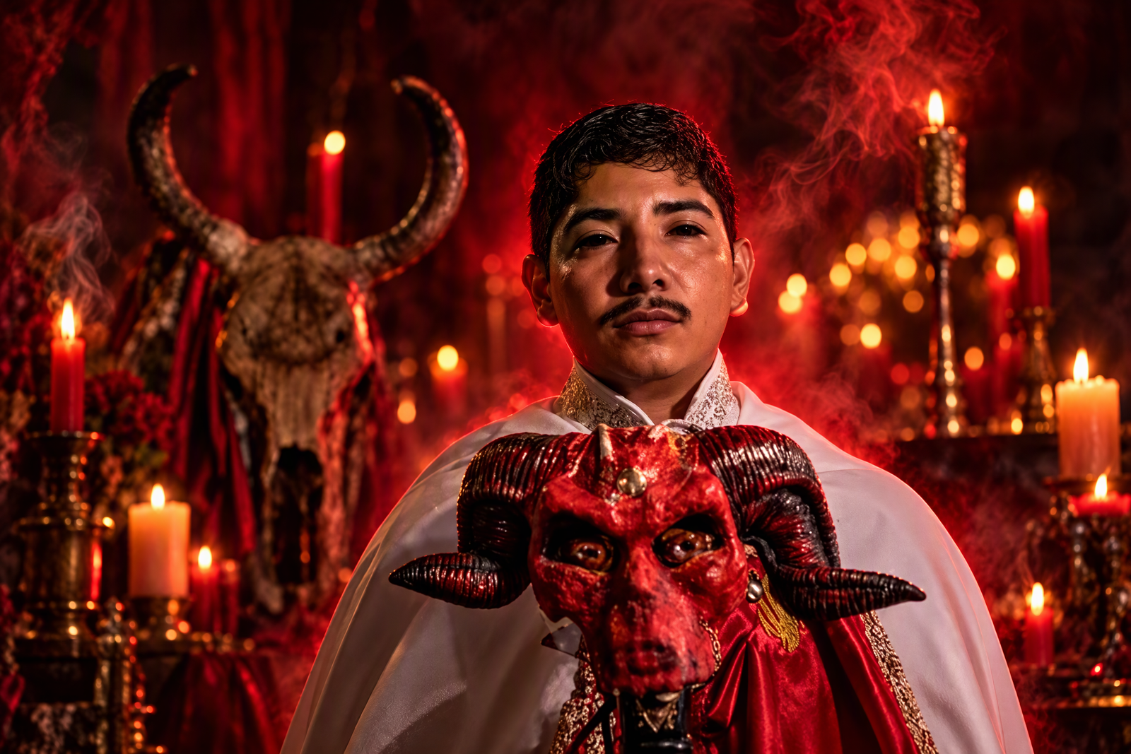 Retrato ritual de Unicornio Negro con máscara roja y luz de velas